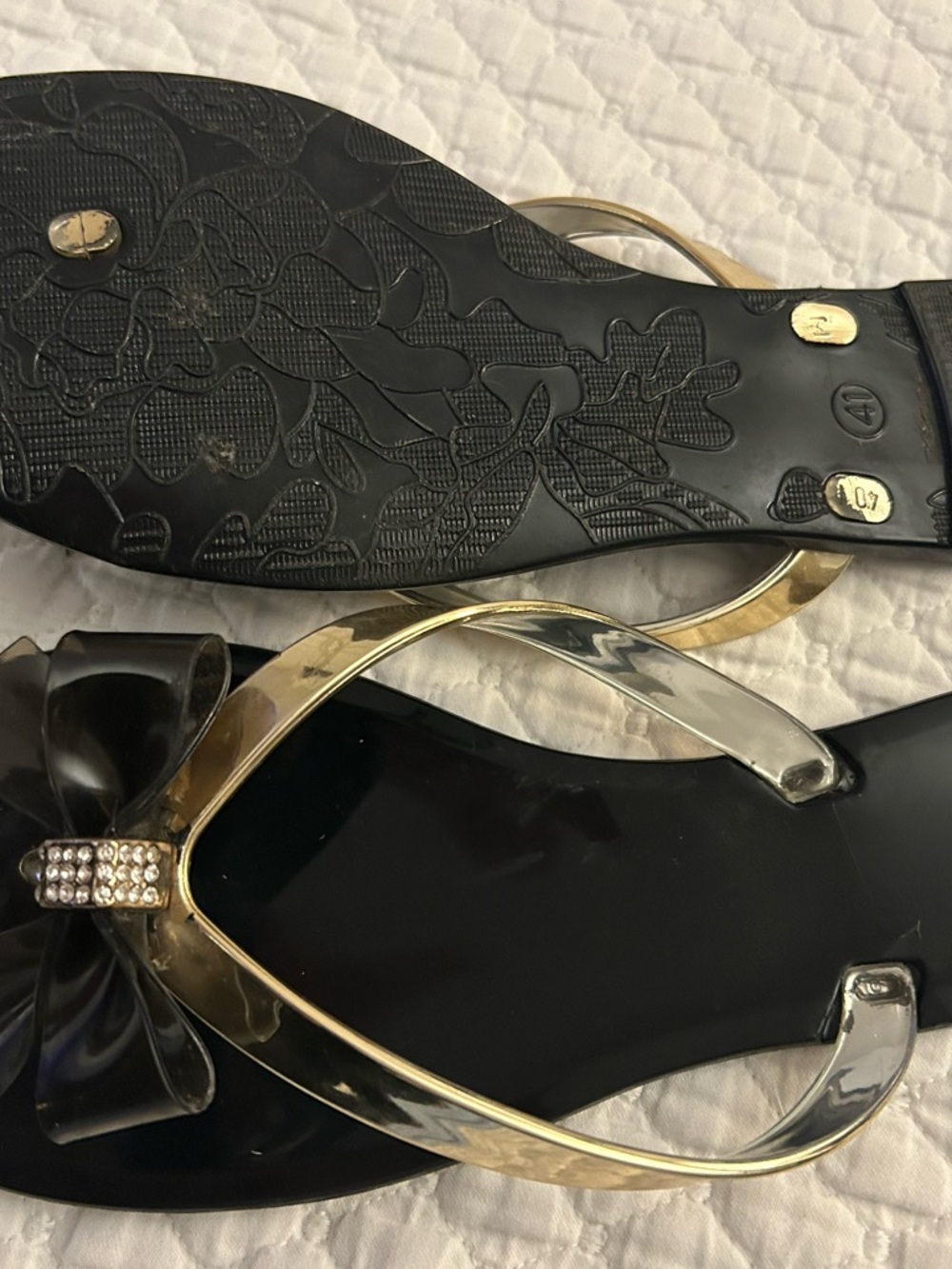CR Collection Black Jelly Sandals with Gold Straps & rhinestones - Picture 2 of 16